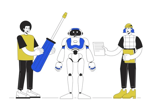 Budowa Humanoidalnej Linii Robotów Wektorowej Ilustracji Plamki Edytowalne Płaskie Postacie — Wektor stockowy