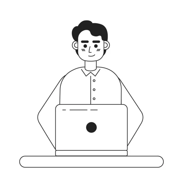 ノートパソコンの単色フラットベクトル文字に取り組んで快適な男 手描きの線画 編集可能なハーフボディの人 Webグラフィックデザインやアニメーションのためのシンプルな黒と白のスポットイラスト — ストックベクタ