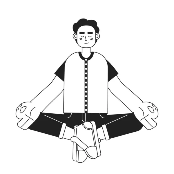 Человек Расслабляющей Медитации Монохроматический Плоский Векторный Характер Линейный Ручной Рисунок — стоковый вектор