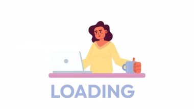 Canlandırılmış serbest programcı yükleyici. Bilgisayarlı kadın. 4K video görüntüsü. UI, UX web tasarımı için alfa kanal şeffaflığı ile renk izole yükleme bekleme süreci göstergesi