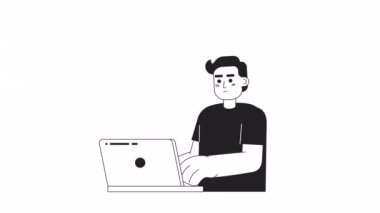 Animasyon mono uzak takımda devs eder. Web gelişimi. İşbirliği. 2D siyah beyaz karakterler 4K video görüntüleri alfa kanal şeffaflığı ile. Web tasarımı için ince çizgi sanat konsepti animasyonu