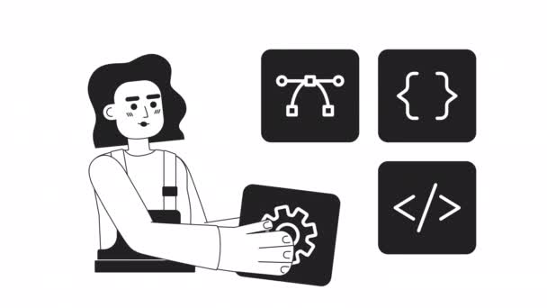 Animovaný Mono Web Builder Ženská Programátorka Černobílý Plochý Znak Video — Stock video