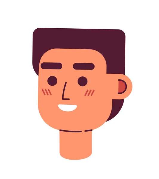 輝く笑顔の半フラットベクトルキャラクター頭を持つ陽気な若い男 カラフルなアバターアイコン 編集可能な漫画ユーザーの肖像画 ウェブグラフィックデザインやアニメーションのためのシンプルなカラースポットイラスト — ストックベクタ