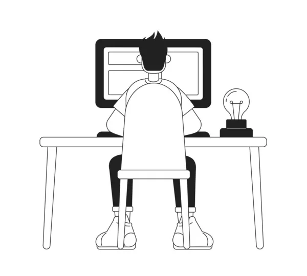コンピュータ モノクロームの平面ベクトル文字でテーブルに座っている男 手描きの線画 編集可能なフルボディの人 ウェブグラフィックデザインとアニメーションのためのシンプルな黒の白いスポットイラスト — ストックベクタ