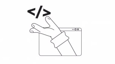 Animasyon mono betik dili. Bilgisayar programlama. 2D siyah-beyaz düz karakter el 4K video görüntüleri alfa kanal şeffaflığı ile. Web tasarımı için ince çizgi sanat konsepti animasyonu