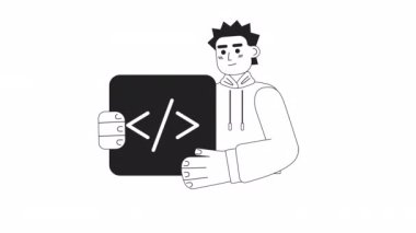 Animasyon mono profosyonel programcısı. Kodlama yetenekleri. Yazılım geliştirme işi. 2D siyah beyaz karakter 4K video görüntüleri alfa kanal şeffaflığı ile. Web tasarımı için ince çizgi sanat konsepti animasyonu