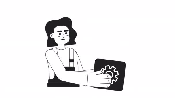 Animovaná Mononukleární Žena Ovladačem Stavební Inženýr Technik Černobílý Plochý Znak — Stock video
