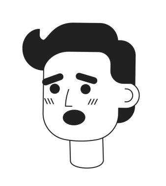 Açık ağızlı, tek renkli, kıvırcık saçlı, korkmuş bir adam. Siyah beyaz avatar ikonu. Düzenlenebilir kullanıcı portresi. Web grafik tasarımı ve animasyonu için lineart spot illüstrasyonu