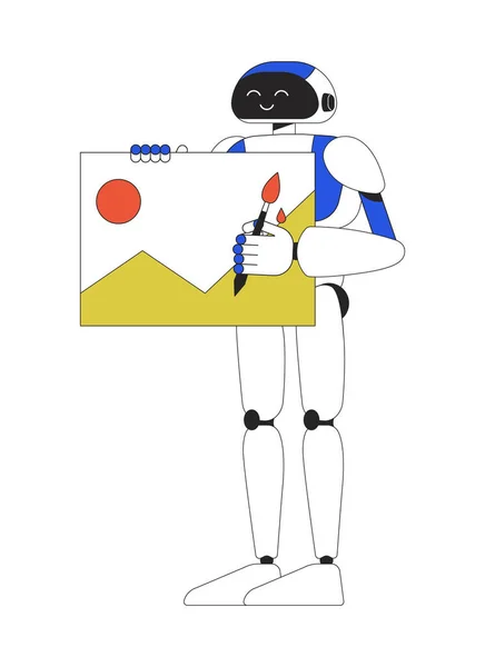 Robot Humanoide Satisfecho Con Pintura Lineal Color Plano Carácter Vectorial — Vector de stock