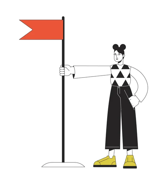 Selbstbewusstes Mädchen Mit Linearer Flacher Farbvektorfigur Mit Roter Flagge Zielerreichung — Stockvektor