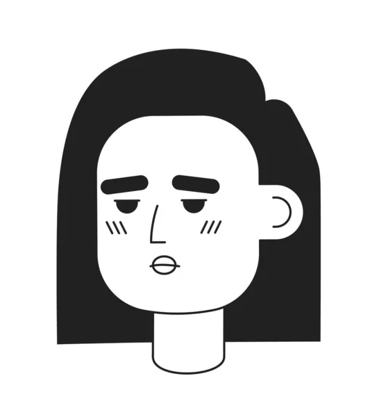 闷闷不乐的女人单色平面矢量头 黑白相间的化身 可编辑的卡通用户肖像 用于网页平面设计和动画的简单线型油墨点画 — 图库矢量图片