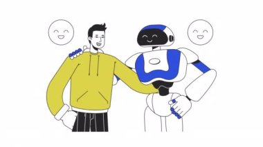 İnsan sarılması yapay zeka animasyonu. Robot 2D çizgi film düz çizgi karakterli animasyon yarı vücut adam. Web tasarımı için alfa kanal şeffaflığı ile beyaz üzerine pozitif etki 4K video konsept görüntüleri