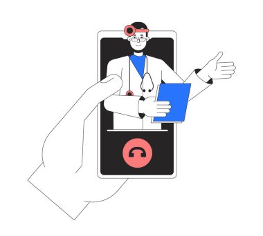 Cep telefonu düz çizgi konsept nokta illüstrasyonunda çevrimiçi doktor danışmanlığı. 2D karikatür ilk kez Web UI tasarımı için beyazı gösteriyor. Web sitesi indirmeleri ve mobil başlıklar için düzenlenebilir kahraman resmi