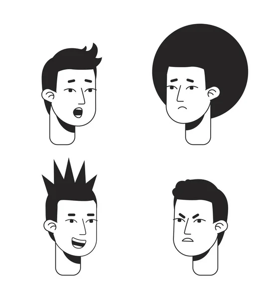 Jeunes Hommes Exprimant Différentes Émotions Monochromes Visage Vecteur Plat Pack — Image vectorielle