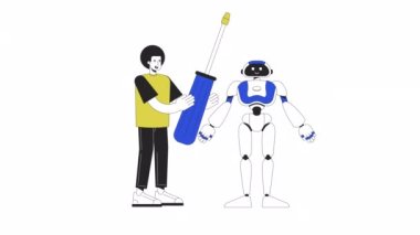 Robot mühendisliği animasyonu. Canlandırılmış robot, 2D çizgi film düz çizgi karakterli makine mühendisi. Web tasarımı için alfa kanal şeffaflığı ile beyaz üzerine 4K video konsept görüntüleri