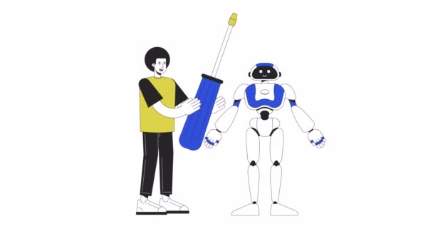 ロボット工学アニメーション アニメーションロボット ツール2D漫画のフラットカラーライン文字と機械エンジニア ウェブデザインのためのアルファチャンネル透明性と白の4Kビデオコンセプト映像 — ストック動画