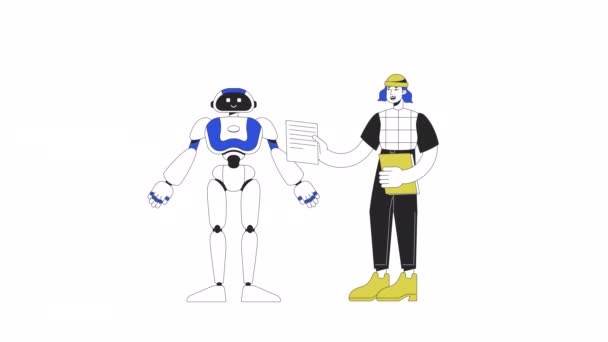 Ai機械学習アニメーション アニメーションAi教師とロボット2D漫画フラットカラーライン文字 ウェブデザインのためのアルファチャンネル透明性と白の開発4Kビデオコンセプト映像 — ストック動画