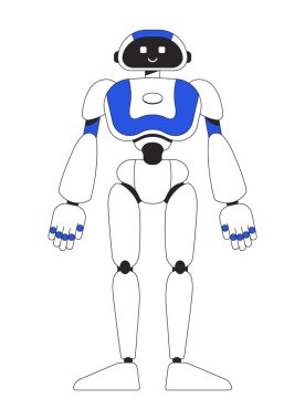 Gülümseyen düz renk vektör karakterli insansı robot. Düzenlenebilir figür. Tüm vücut makineleri beyaza. Web grafik tasarımı ve animasyonu için ince çizgi film tarzı nokta çizimi