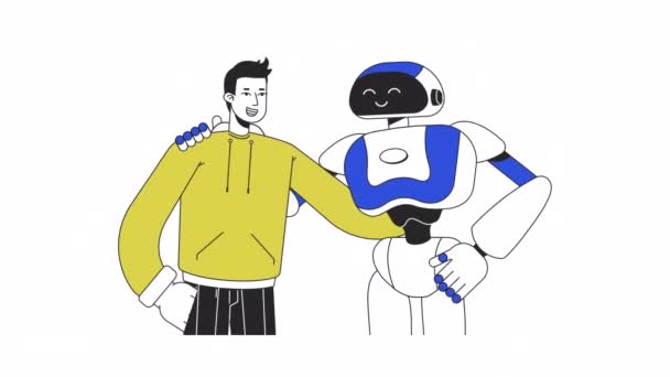 人間のロボットアニメーション 男の2D漫画のフラットカラーライン文字を持つアニメーションアンドロイド 日常生活のAiウェブデザインのためのアルファチャンネル透明性と白の4Kビデオコンセプト映像 — ストック動画