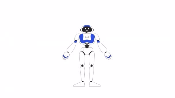 笑顔のロボットが手のアニメーションを移動 ロボット工学 フルボディアンドロイド隔離された2D漫画フラットカラーライン文字ウェブデザインのためのアルファチャンネル透明性と白の背景に4Kビデオ映像 — ストック動画