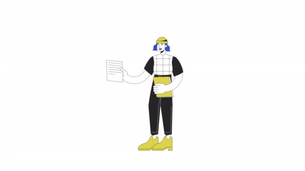 紙のアニメーションを手渡す少女 ドキュメントを持つ大学生孤立した2D漫画フラットカラーライン文字ウェブデザインのためのアルファチャンネル透明性と白の背景に4Kビデオ映像 — ストック動画