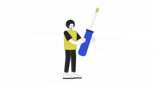 Man Met Schroevendraaieranimatie Geanimeerde Vrolijke Mannelijke Werktuigbouwkundige Cartoon Platte Kleur — Stockvideo