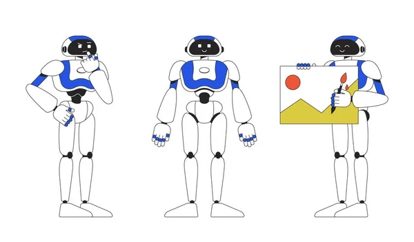 Robot Umanoidi Che Eseguono Compiti Lineari Colori Piatti Set Caratteri — Vettoriale Stock