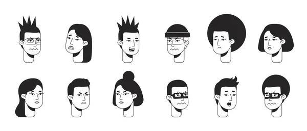 Las Personas Con Diferentes Expresiones Faciales Monocromáticas Vector Plano Caras — Vector de stock