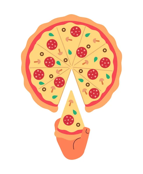 Prendendo Fetta Pizza Semi Piatta Vettoriale Colore Prima Mano Vista — Vettoriale Stock