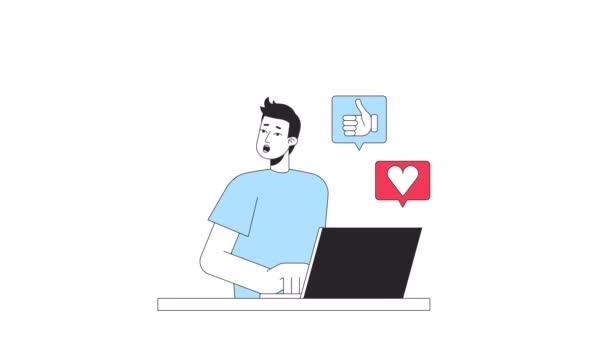 Sociální Média Přemáhají Animaci Guy Odvrací Pohled Notebooku Izolované Kreslené — Stock video