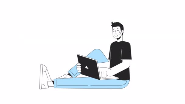 ラップトップのアニメーションで怖い男 ノートブックで座ってパニック男隔離された2D漫画のフラットカラーライン文字ウェブデザインのためのアルファチャンネル透明性と白の背景に4Kビデオ映像 — ストック動画