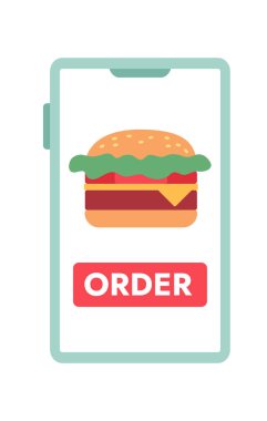 Fast food dağıtım uygulamalı cep telefonu ekranı yarı düz renk vektör nesnesi. Hamburger siparişi. Beyaz üzerine düzenlenebilir çizgi film tarzı simge. Web grafik tasarımı için basit bir nokta çizimi. Kullanılan Jost Kalın yazı tipi