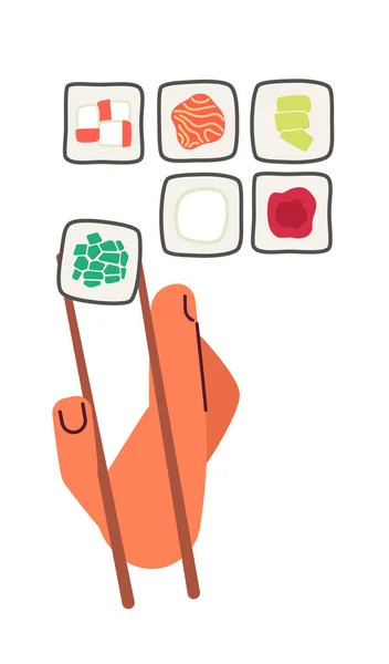 用筷子把乳酪卷出来 寿司设置半平的彩色矢量第一眼手 吃东西 可编辑的白色卡通风格图标 用于网页平面设计和动画的简单点画 — 图库矢量图片