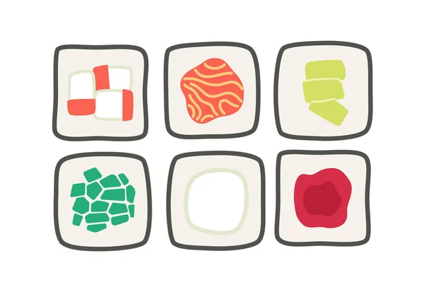 Maki滚动分类半平色矢量对象 寿司设置从日本餐馆菜单 可编辑的白色卡通风格图标 用于网页平面设计和动画的简单点画 — 图库矢量图片