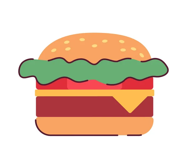 来自快餐馆的多汁芝士汉堡半扁平色载体物 汉堡包加奶酪可编辑的白色卡通风格图标 用于网页平面设计和动画的简单点画 — 图库矢量图片