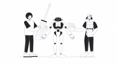 İnsansı robot bw animasyonu yapılıyor. Animasyon robotik mühendisleri 2D düz tek renkli ince çizgi karakterler. Mechatronics 4K video konsept görüntüleri ve web tasarımı için alfa kanal şeffaflığı