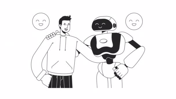 Lidské Objímání Animace Animovaný Muž Robotem Ploché Monochromatické Tenké Čáry — Stock video