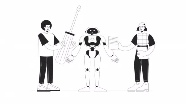 Building Humanoid Robot Animation Animated Robotics Engineers Flat Monochromatic Thin — Stock Video