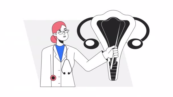 Vrouwelijke Gynaecoloog Animatie Geanimeerde Medische Specialist Cartoon Platte Kleur Lijn — Stockvideo
