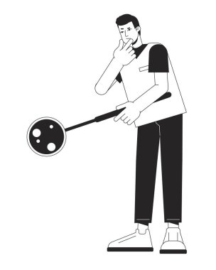 Büyüteç düz çizgi siyah beyaz vektör karakteri olan klinik laboratuvar uzmanı. Düzenlenebilir izole edilmiş dış hatlar, tam vücut insan. Web grafik tasarımı ve animasyonu için basit karikatür nokta çizimi