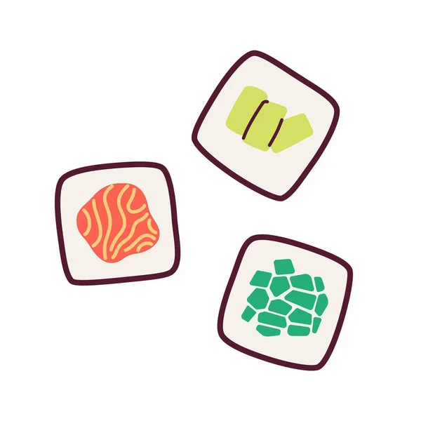 三个带有鱼和蔬菜半扁平色矢量物体的麻雀卷 鲑鱼寿司 可编辑的白色卡通风格图标 用于网页平面设计和动画的简单点画 — 图库矢量图片