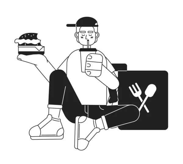 Entrega Alimentos Adolescente Trabalhador Comer Cheeseburger Bebendo Caráter Vetorial Monocromático —  Vetores de Stock