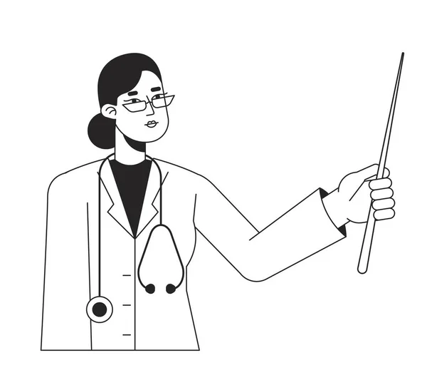 Επαγγελματίας Γιατρός Κρατώντας Δείκτη Ραβδί Επίπεδη Γραμμή Μαύρο Λευκό Διάνυσμα — Διανυσματικό Αρχείο