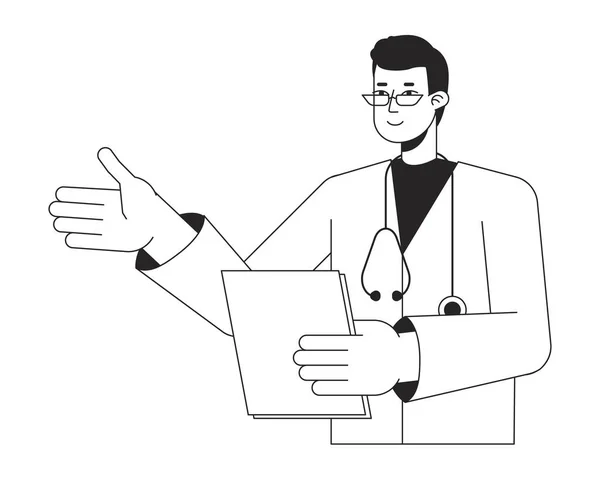 男医生与医疗剪贴板平行线黑色白色矢量字符 可编辑的孤立轮廓半身像人 Md简单的卡通风格点画用于网页平面设计 动画制作 — 图库矢量图片