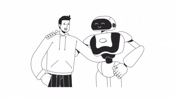 人間のロボットのBwアニメーションを受け入れる 男性の2Dフラット単色の細いライン文字を持つアニメーションアンドロイド 日常生活のAiウェブデザインのためのアルファチャンネル透明性と4Kビデオコンセプト映像 — ストック動画