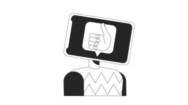 Sosyal medya bağımlılık yapıcı bw animasyonu. Canlandırılmış tablet başı 2D düz tek renkli ince çizgi karakteri. Web tasarımı için alfa kanal şeffaflığına sahip 4K video konsept görüntülerine duyulan arzu