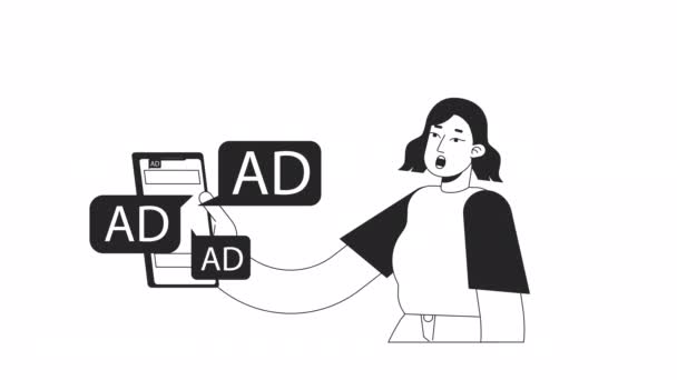 Publicidad Digital Sobrecarga Animación Animado Chica Impactada Plana Monocromática Carácter — Vídeo de stock