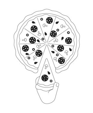 Pizzanın tek renkli düz vektörünü ilk elden alıyoruz. El yapımı peynirli pepperoni yemek. Beyaz üzerine düzenlenebilir ince çizgi simgesi. Web grafik tasarımı ve animasyonu için basit bw çizgi film nokta resmi