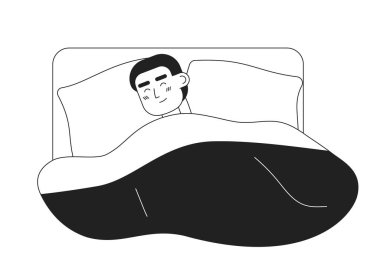 Young man sleeping in bed with comfort monochromatic flat vector character. Good night. Editable thin line half body person on white. Simple bw cartoon spot image for web graphic design, animation clipart