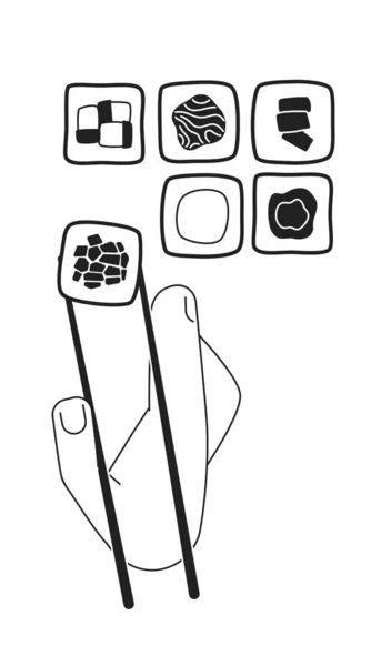 用筷子把木棍卷出来 寿司设置单色平面矢量第一眼手 吃东西 可编辑的白色细线图标 用于网页平面设计 动画的简单的Bw卡通点图像 — 图库矢量图片